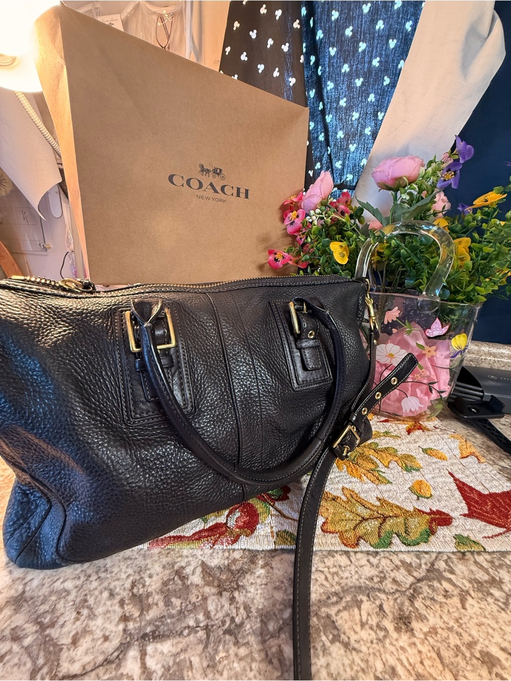 Coach Black Pebbled Leather Shoulder Bag with Gold Hardware
